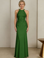 Sheath/Column Halter Scoop Neck Floor-Length Mother of the Bride Dresses with Lace Appliques (SHI22500106)