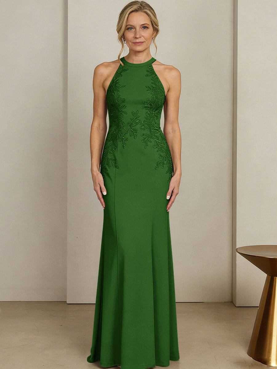 Sheath/Column Halter Scoop Neck Floor-Length Mother of the Bride Dresses with Lace Appliques (SHI22500106)