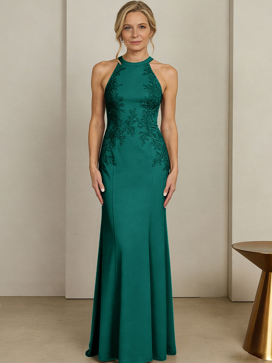 Sheath/Column Halter Scoop Neck Floor-Length Mother of the Bride Dresses with Lace Appliques (SHI22500106)