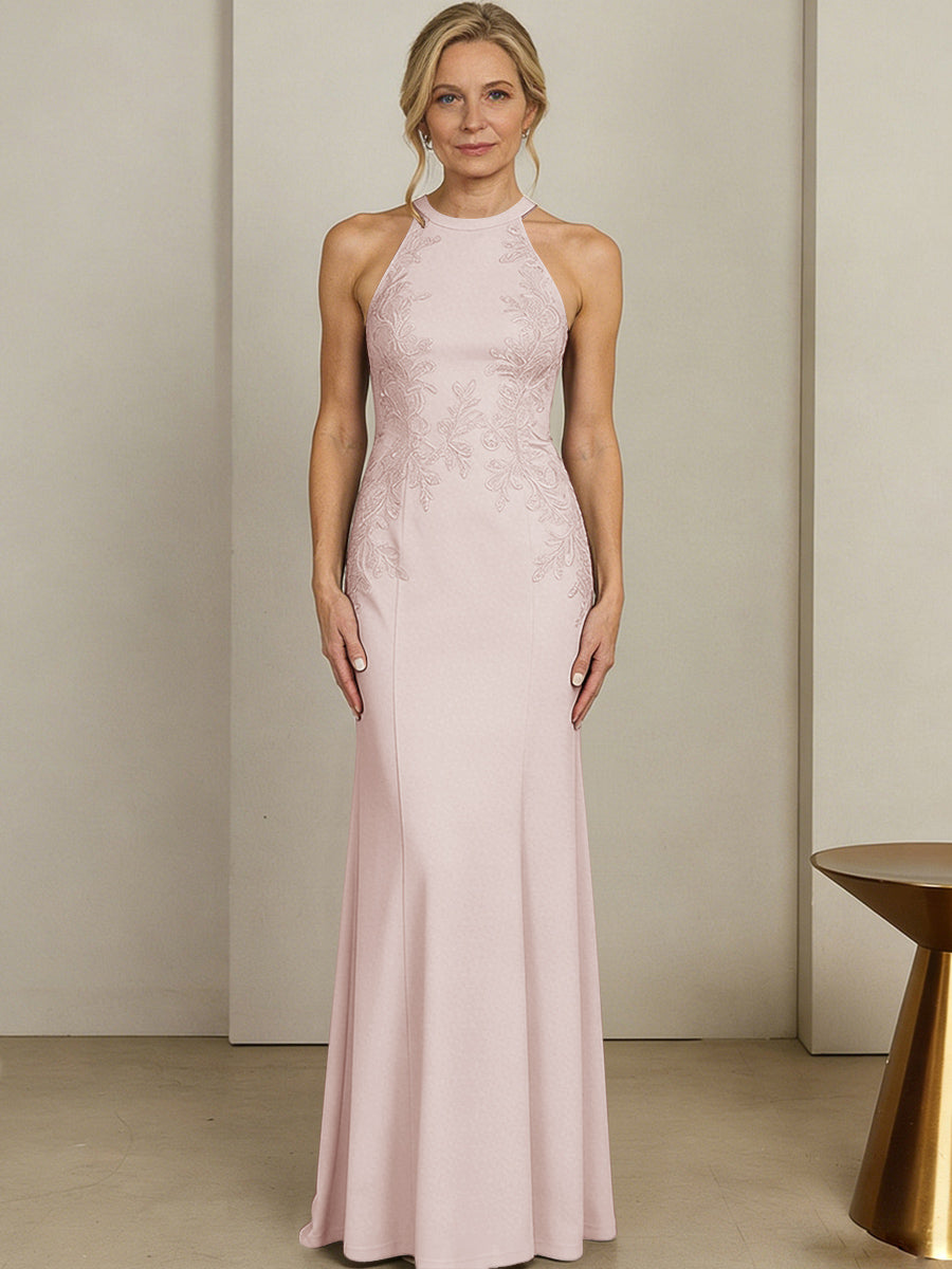 Sheath/Column Halter Scoop Neck Floor-Length Mother of the Bride Dresses with Lace Appliques (SHI22500106)