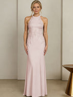 Sheath/Column Halter Scoop Neck Floor-Length Mother of the Bride Dresses with Lace Appliques (SHI22500106)