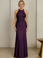 Sheath/Column Halter Scoop Neck Floor-Length Mother of the Bride Dresses with Lace Appliques (SHI22500106)