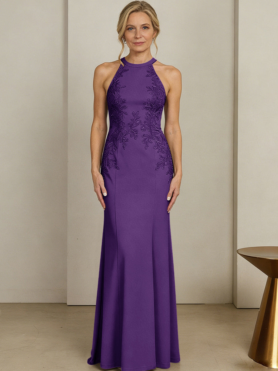 Sheath/Column Halter Scoop Neck Floor-Length Mother of the Bride Dresses with Lace Appliques (SHI22500106)
