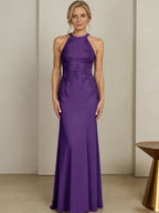 Sheath/Column Halter Scoop Neck Floor-Length Mother of the Bride Dresses with Lace Appliques (SHI22500106)