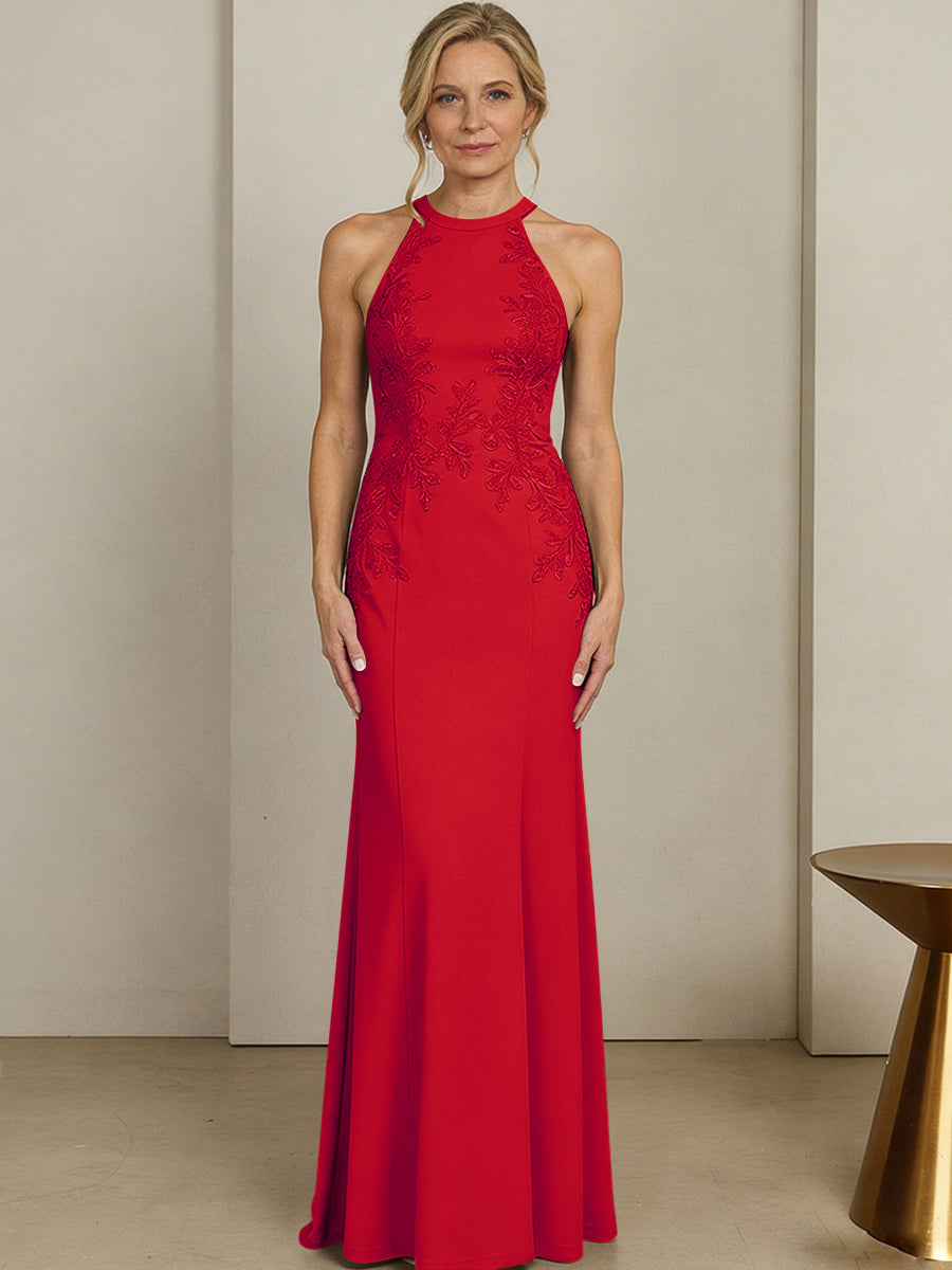 Sheath/Column Halter Scoop Neck Floor-Length Mother of the Bride Dresses with Lace Appliques (SHI22500106)