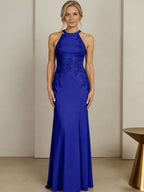 Sheath/Column Halter Scoop Neck Floor-Length Mother of the Bride Dresses with Lace Appliques (SHI22500106)