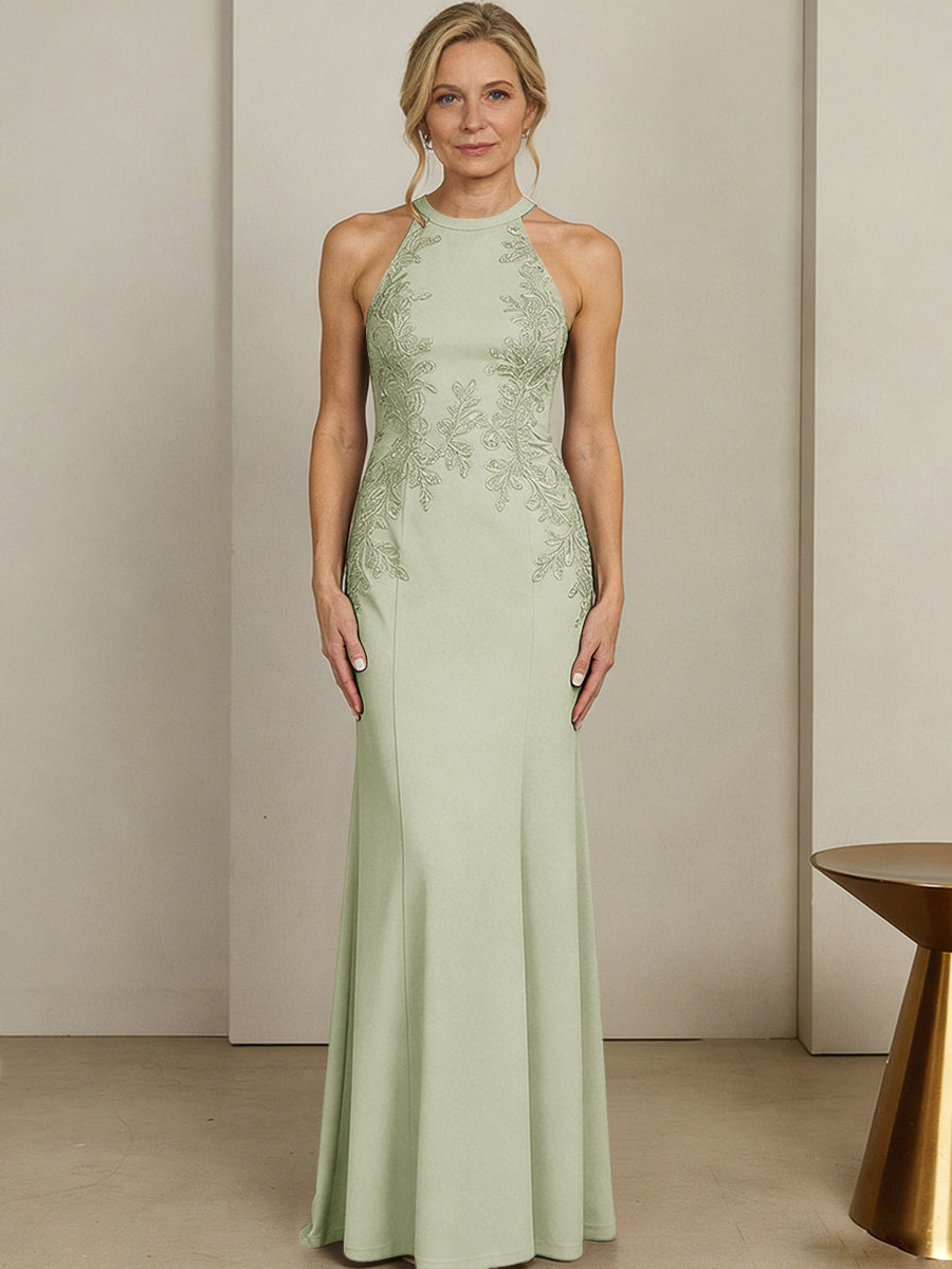Sheath/Column Halter Scoop Neck Floor-Length Mother of the Bride Dresses with Lace Appliques (SHI22500106)