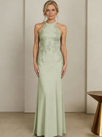 Sheath/Column Halter Scoop Neck Floor-Length Mother of the Bride Dresses with Lace Appliques (SHI22500106)