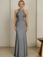 Sheath/Column Halter Scoop Neck Floor-Length Mother of the Bride Dresses with Lace Appliques (SHI22500106)