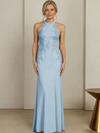 Sheath/Column Halter Scoop Neck Floor-Length Mother of the Bride Dresses with Lace Appliques (SHI22500106)