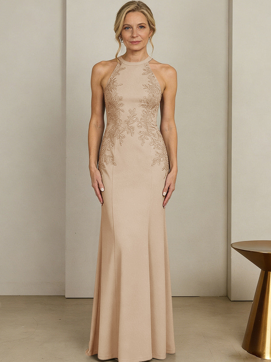 Sheath/Column Halter Scoop Neck Floor-Length Mother of the Bride Dresses with Lace Appliques (SHI22500106)