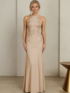 Sheath/Column Halter Scoop Neck Floor-Length Mother of the Bride Dresses with Lace Appliques (SHI22500106)