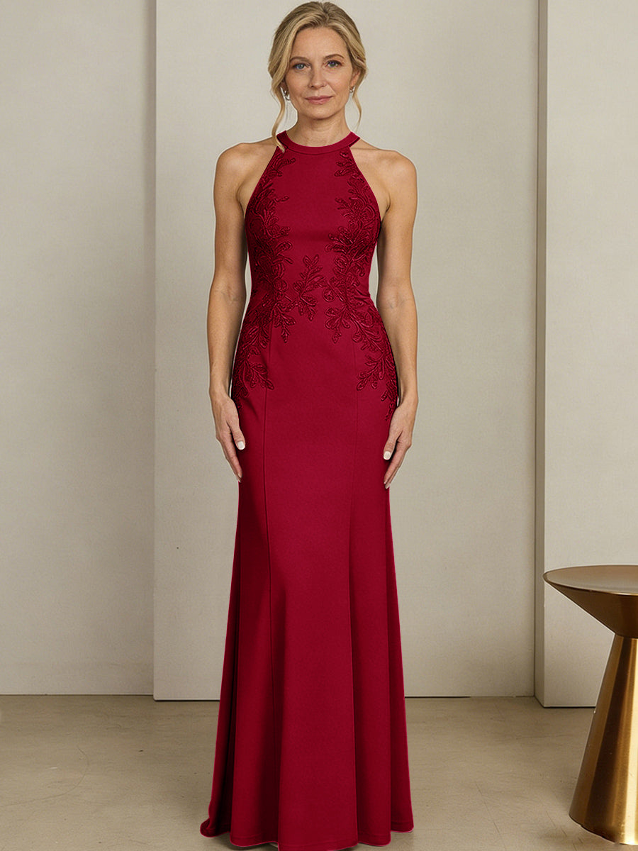 Sheath/Column Halter Scoop Neck Floor-Length Mother of the Bride Dresses with Lace Appliques (SHI22500106)