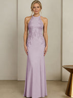 Sheath/Column Halter Scoop Neck Floor-Length Mother of the Bride Dresses with Lace Appliques (SHI22500106)