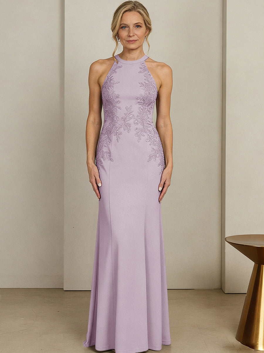 Sheath/Column Halter Scoop Neck Floor-Length Mother of the Bride Dresses with Lace Appliques (SHI22500106)
