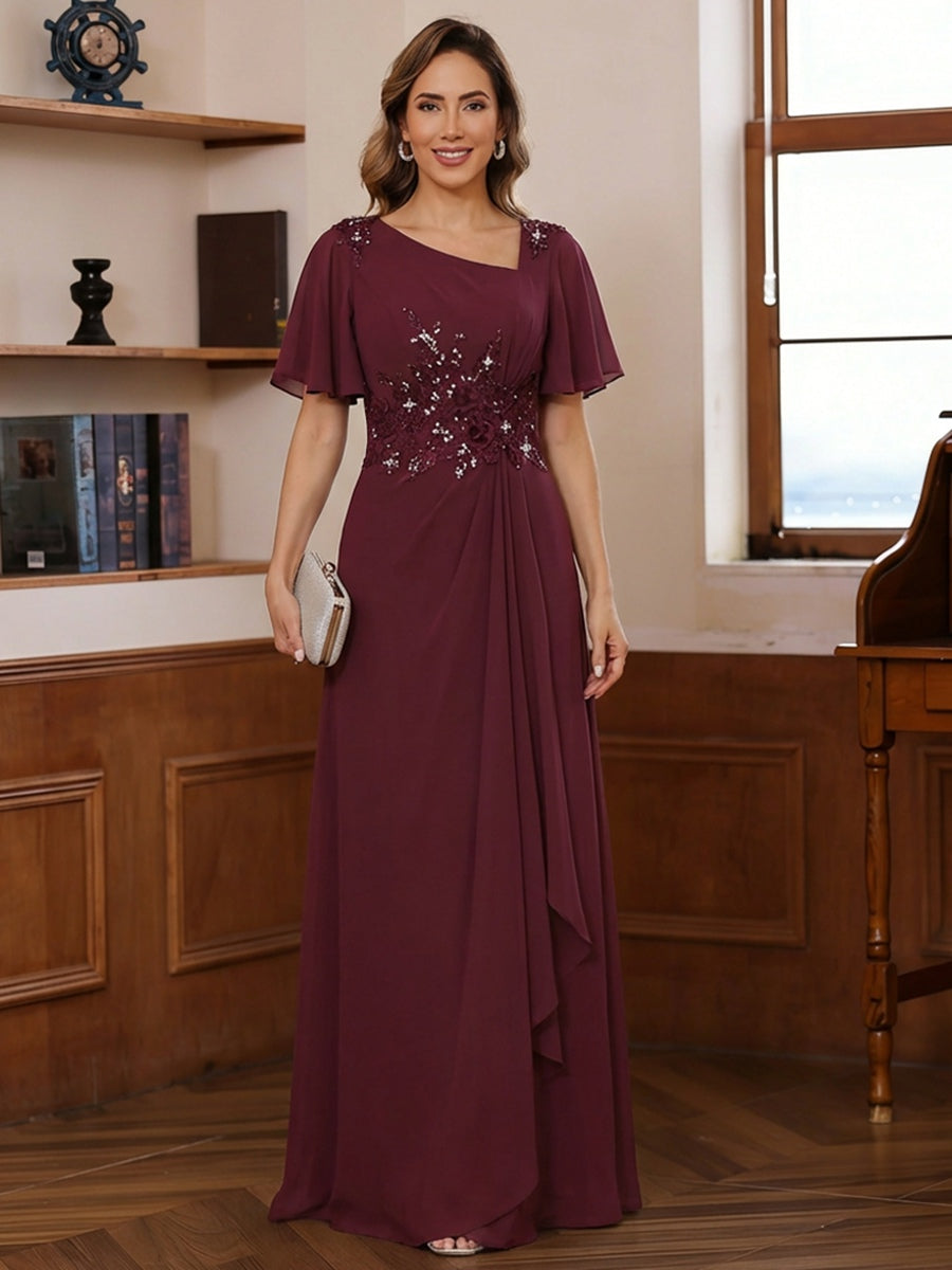 A-Line Chiffon Cape Sleeves Floor-Length Mother of the Bride & Groom Dresses with Floral Sequin Bodice (SHI22500691)