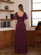 Mermaid Chic V Neck Long Flying Sleeve Floor-Length Mother of the Bride Dresses Party Gown with Flower (SHI22500229)