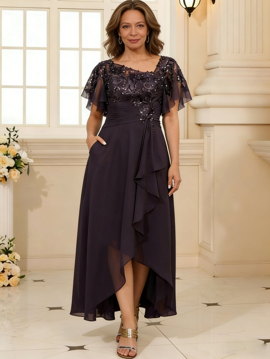 A-Line Satin V-Neck 3/4 Sleeve Mother of the Bride Dresses Floor-Length Ball Gown with Applique (SHI22500294)