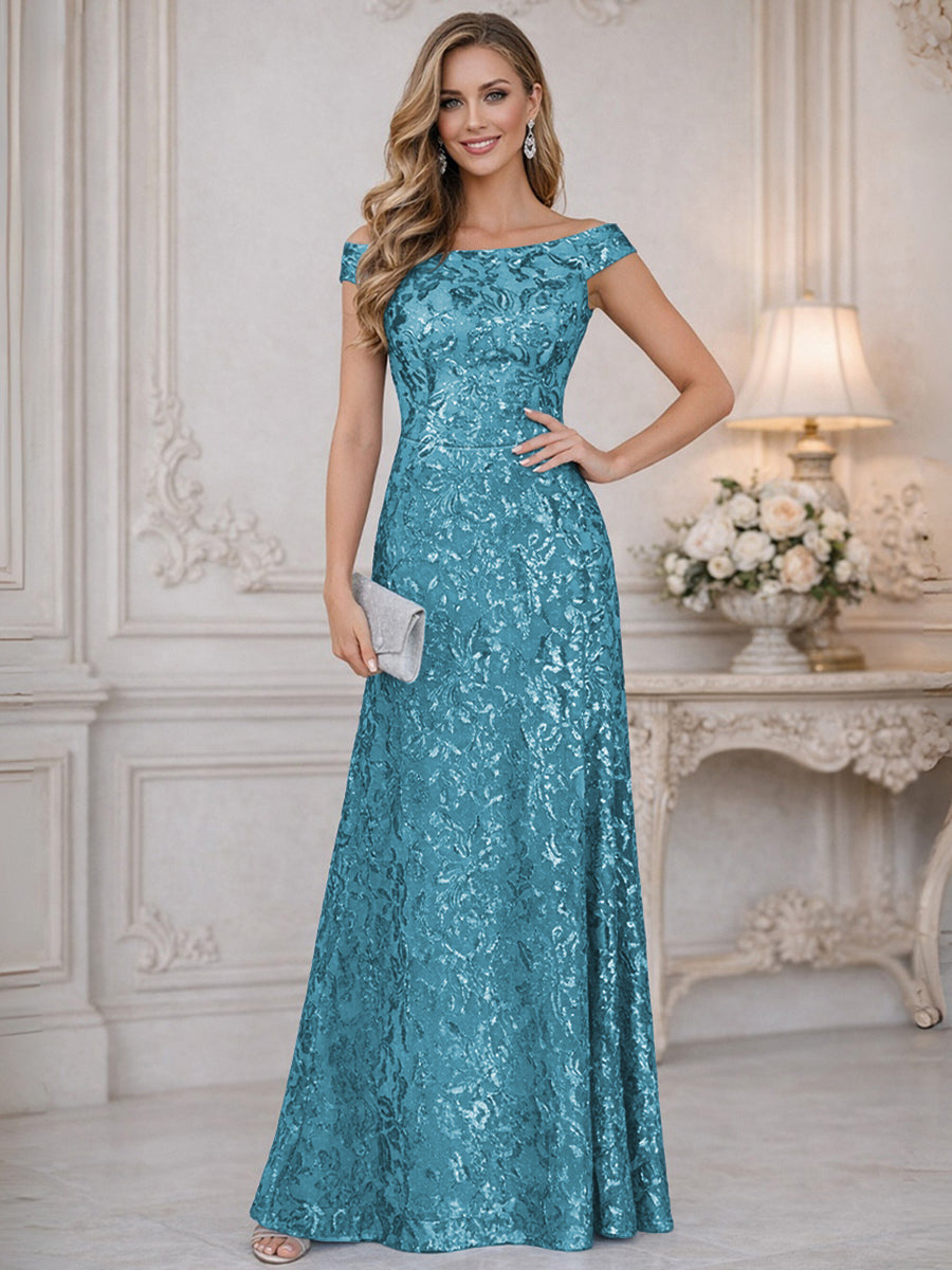 A-Line Off Shoulder Floor-Length Mother of the Bride Dresses with Sequins (SHI22500114)