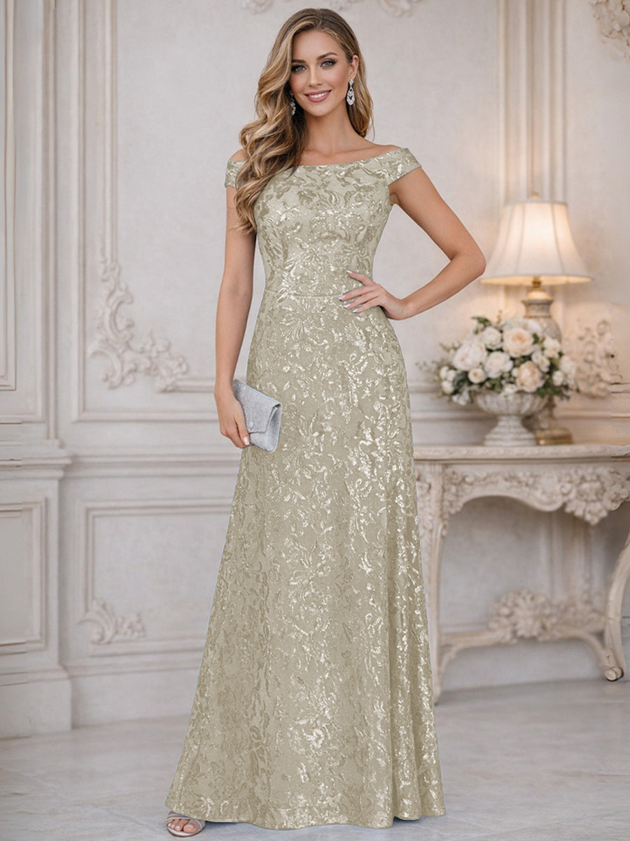 A-Line Off Shoulder Floor-Length Mother of the Bride Dresses with Sequins (SHI22500114)