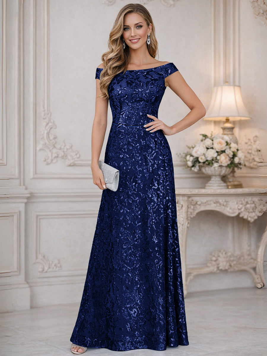 A-Line Off Shoulder Floor-Length Mother of the Bride Dresses with Sequins (SHI22500114)