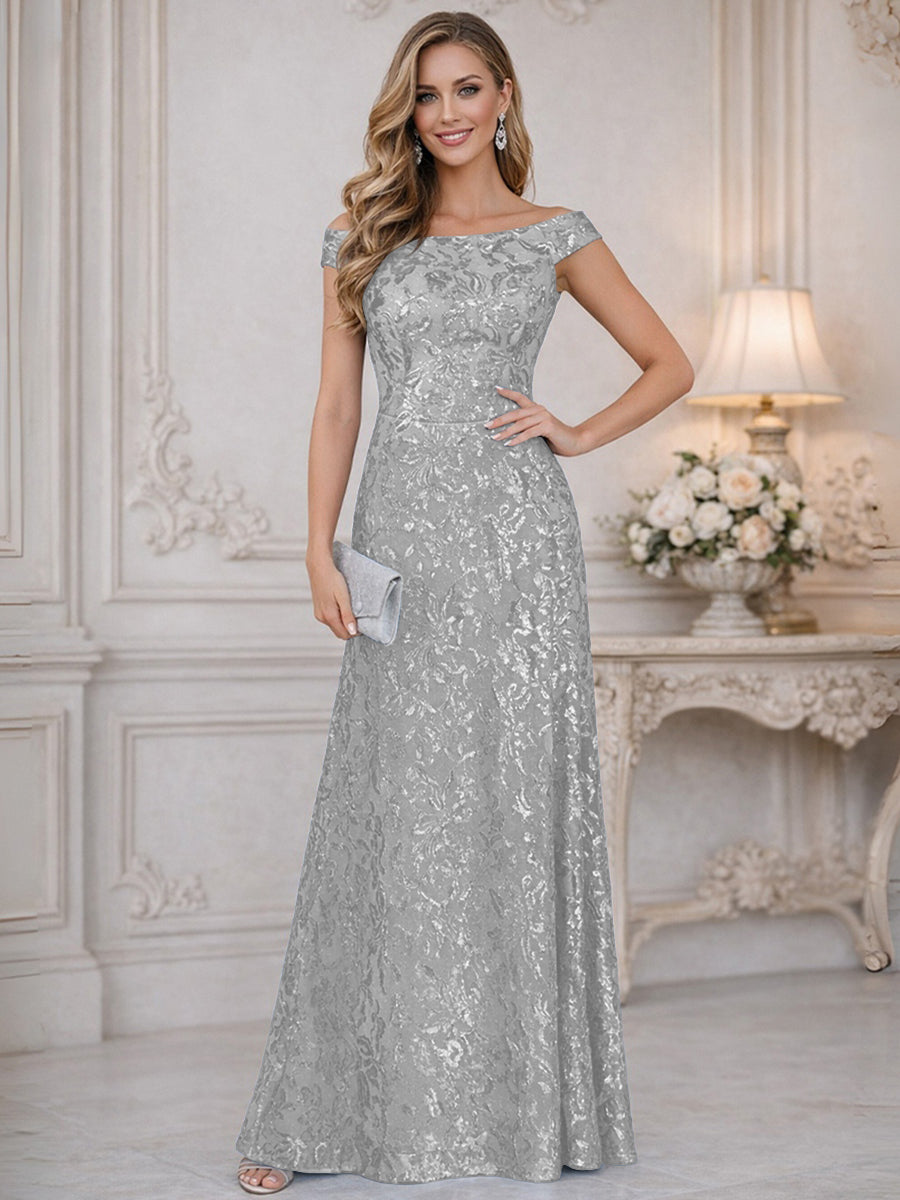 A-Line Off Shoulder Floor-Length Mother of the Bride Dresses with Sequins (SHI22500114)