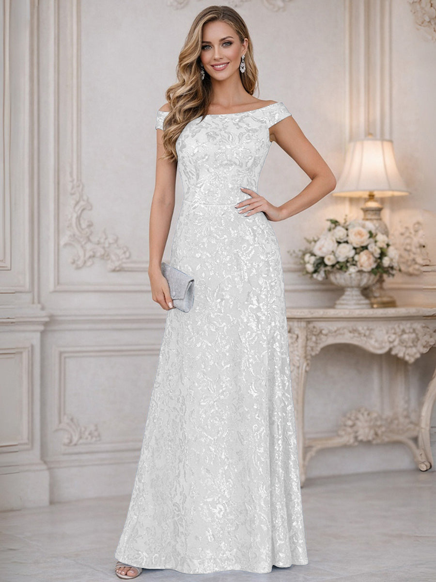 A-Line Off Shoulder Floor-Length Mother of the Bride Dresses with Sequins (SHI22500114)