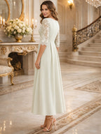 A-Line Metallic Satin Off Shoulder Bow Mother of the Bride & Groom Dresses with Floral Lace Appliques, Ruched Waist & Sweep Train (SHI22500425)
