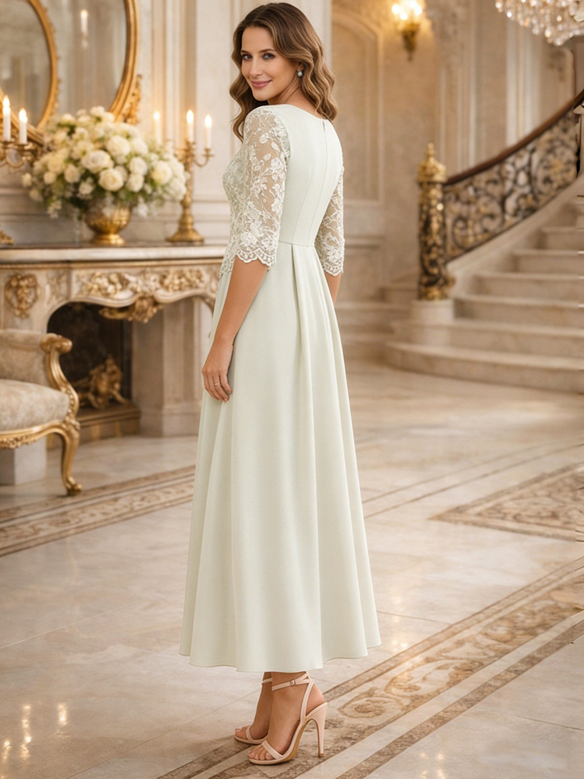 A-Line Metallic Satin Off Shoulder Bow Mother of the Bride & Groom Dresses with Floral Lace Appliques, Ruched Waist & Sweep Train (SHI22500425)