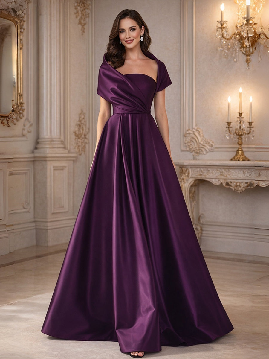 A-Line Off Shoulder Chiffon Cape Sleeves Maxi Mother of the Bride & Groom Dresses with Ruched Waist & 3D Floral Applique (SHI22500434)