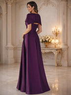 A-Line Off Shoulder Chiffon Cape Sleeves Maxi Mother of the Bride & Groom Dresses with Ruched Waist & 3D Floral Applique (SHI22500434)