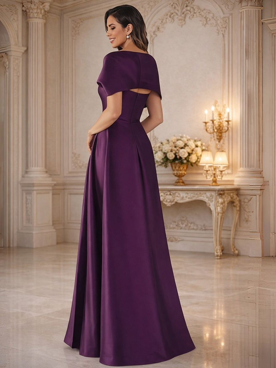 A-Line Off Shoulder Chiffon Cape Sleeves Maxi Mother of the Bride & Groom Dresses with Ruched Waist & 3D Floral Applique (SHI22500434)