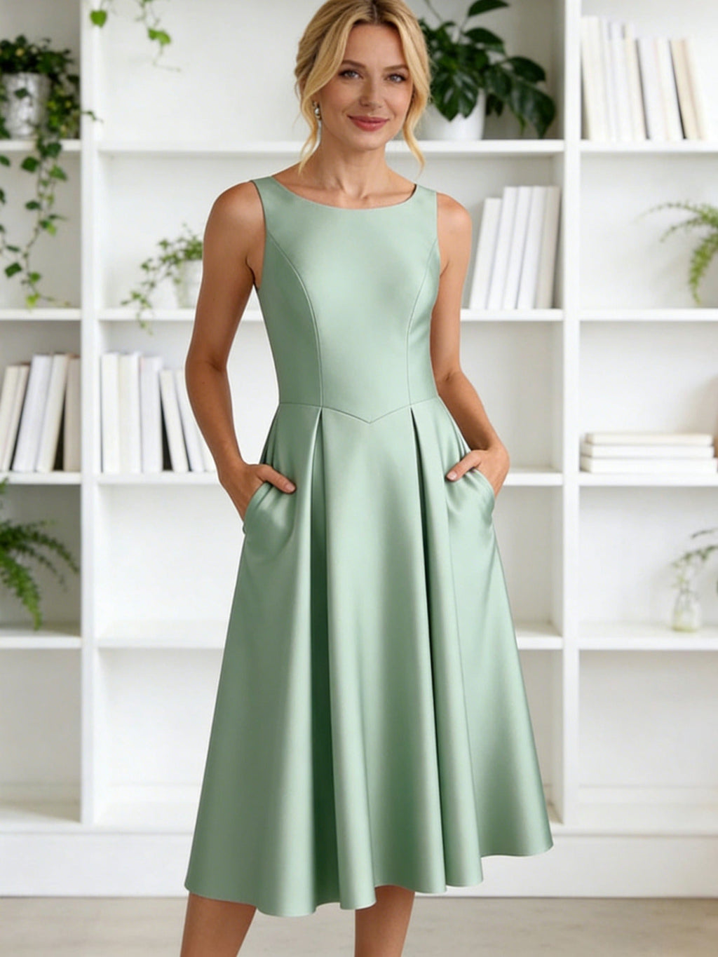 A-Line/Princess Scoop Neck Satin Tea-Length Mother of the Bride Dresses with Pockets (SHI22500122)