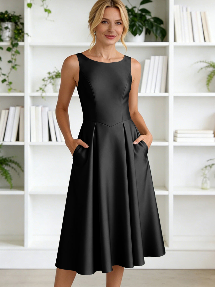 A-Line/Princess Scoop Neck Satin Tea-Length Mother of the Bride Dresses with Pockets (SHI22500122)