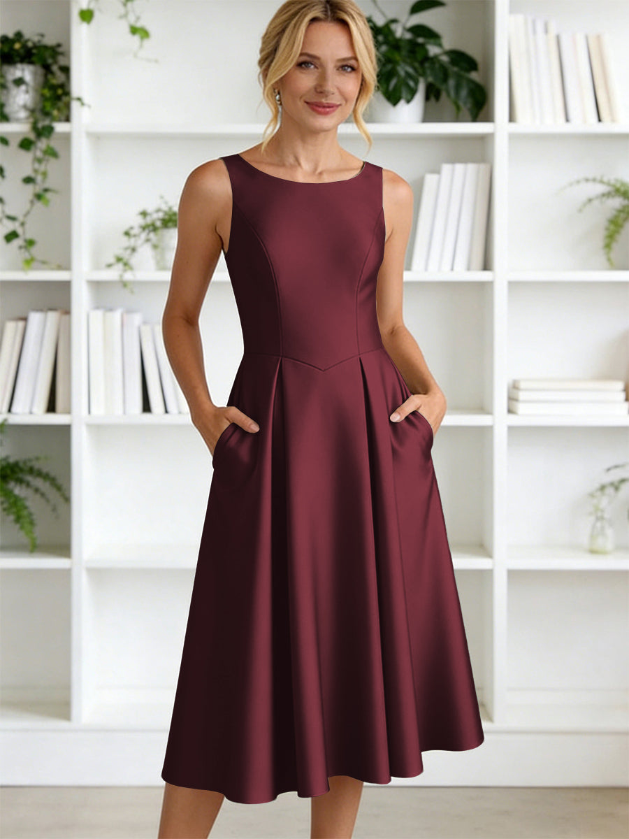 A-Line/Princess Scoop Neck Satin Tea-Length Mother of the Bride Dresses with Pockets (SHI22500122)