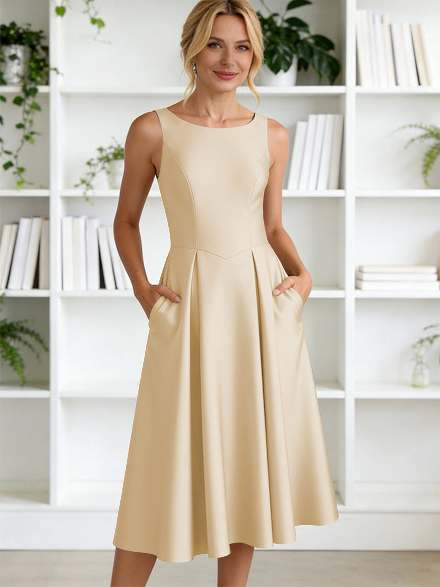 A-Line/Princess Scoop Neck Satin Tea-Length Mother of the Bride Dresses with Pockets (SHI22500122)
