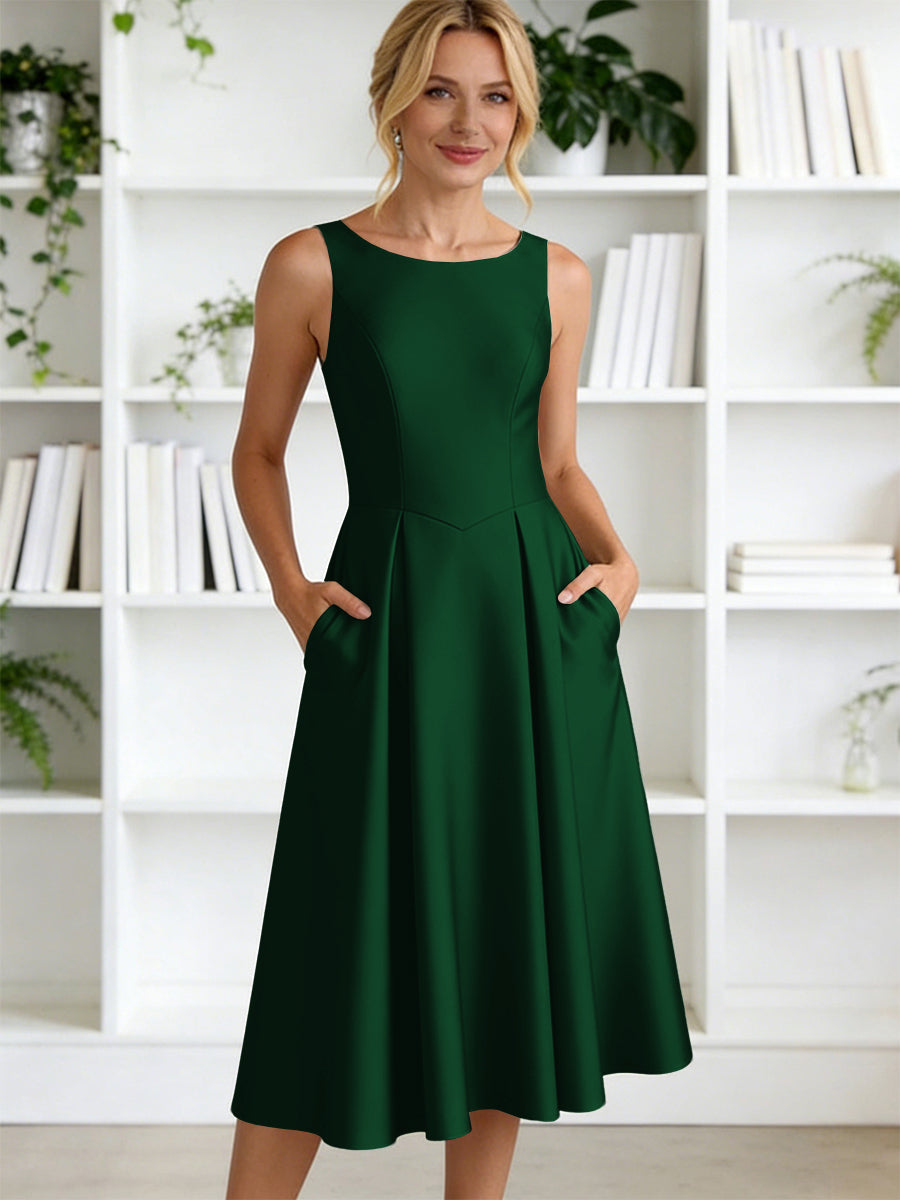 A-Line/Princess Scoop Neck Satin Tea-Length Mother of the Bride Dresses with Pockets (SHI22500122)