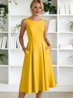 A-Line/Princess Scoop Neck Satin Tea-Length Mother of the Bride Dresses with Pockets (SHI22500122)