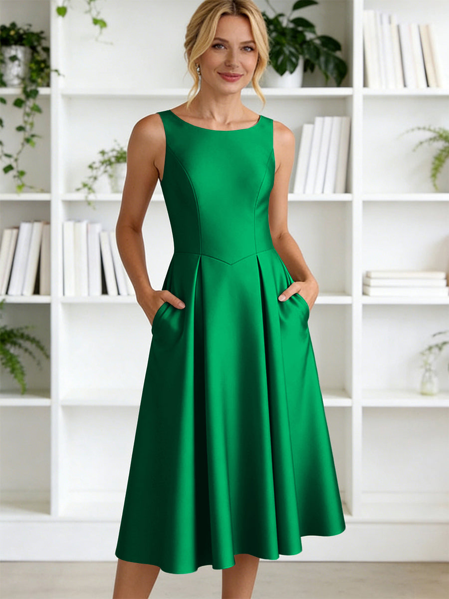 A-Line/Princess Scoop Neck Satin Tea-Length Mother of the Bride Dresses with Pockets (SHI22500122)