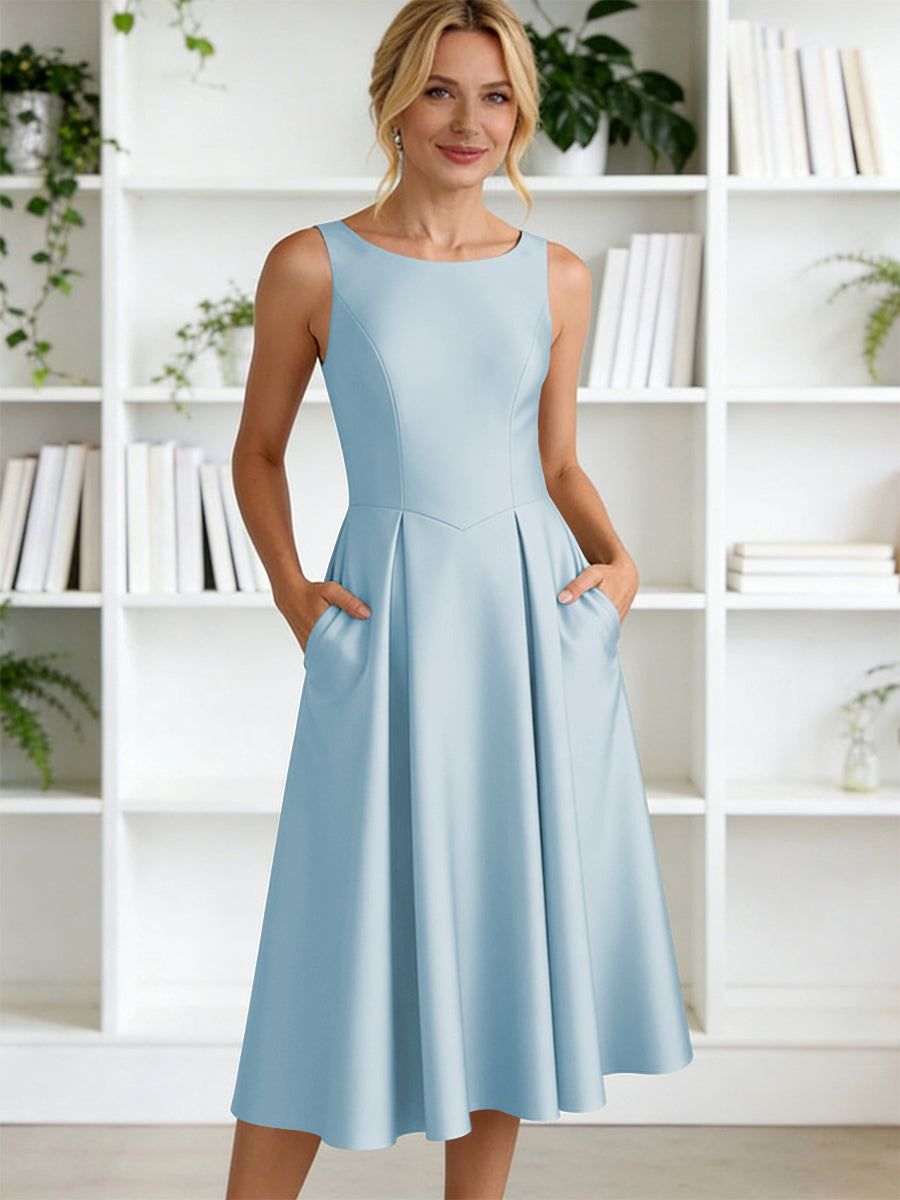 A-Line/Princess Scoop Neck Satin Tea-Length Mother of the Bride Dresses with Pockets (SHI22500122)