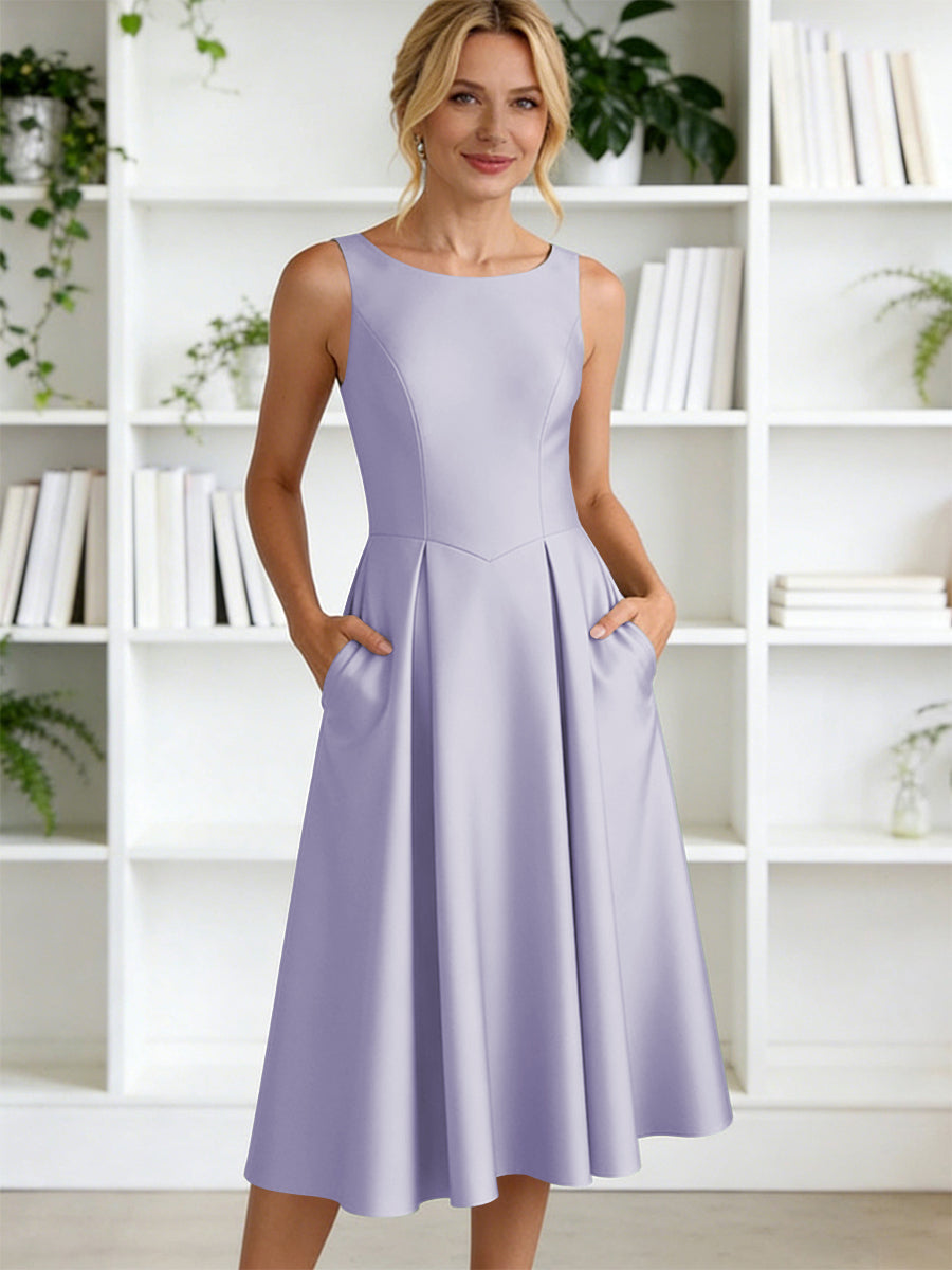 A-Line/Princess Scoop Neck Satin Tea-Length Mother of the Bride Dresses with Pockets (SHI22500122)