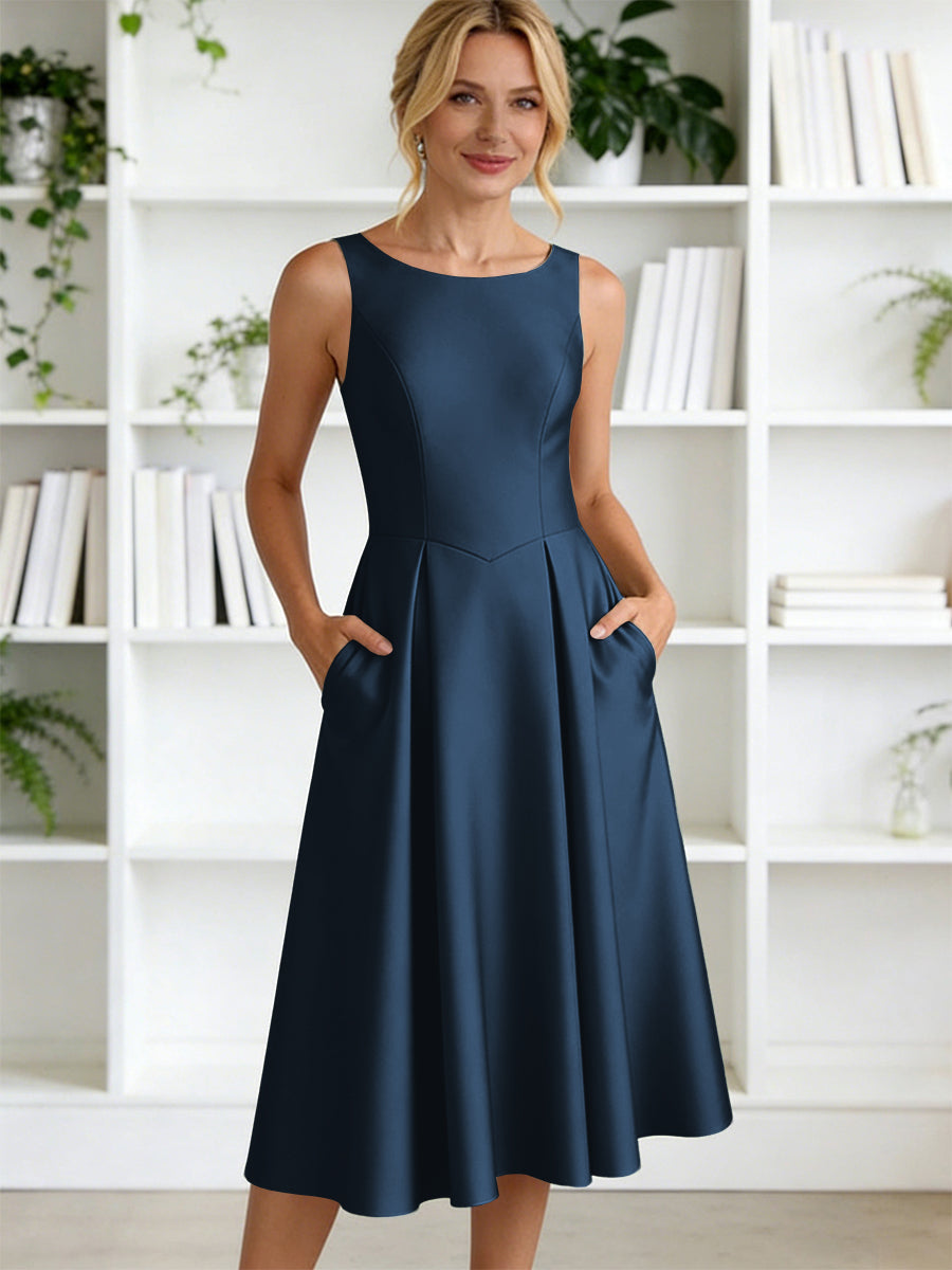 A-Line/Princess Scoop Neck Satin Tea-Length Mother of the Bride Dresses with Pockets (SHI22500122)