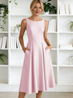 A-Line/Princess Scoop Neck Satin Tea-Length Mother of the Bride Dresses with Pockets (SHI22500122)