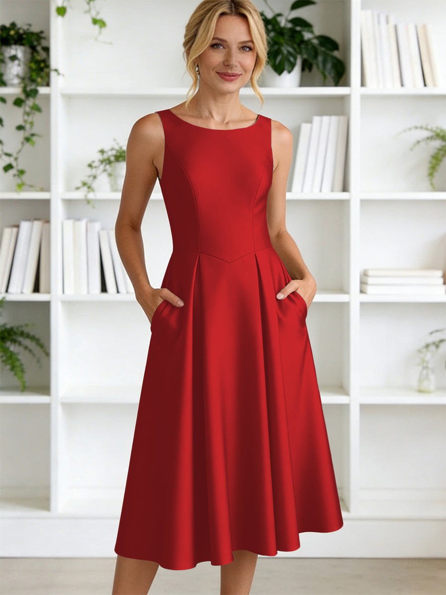 A-Line/Princess Scoop Neck Satin Tea-Length Mother of the Bride Dresses with Pockets (SHI22500122)