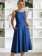 A-Line/Princess Scoop Neck Satin Tea-Length Mother of the Bride Dresses with Pockets (SHI22500122)