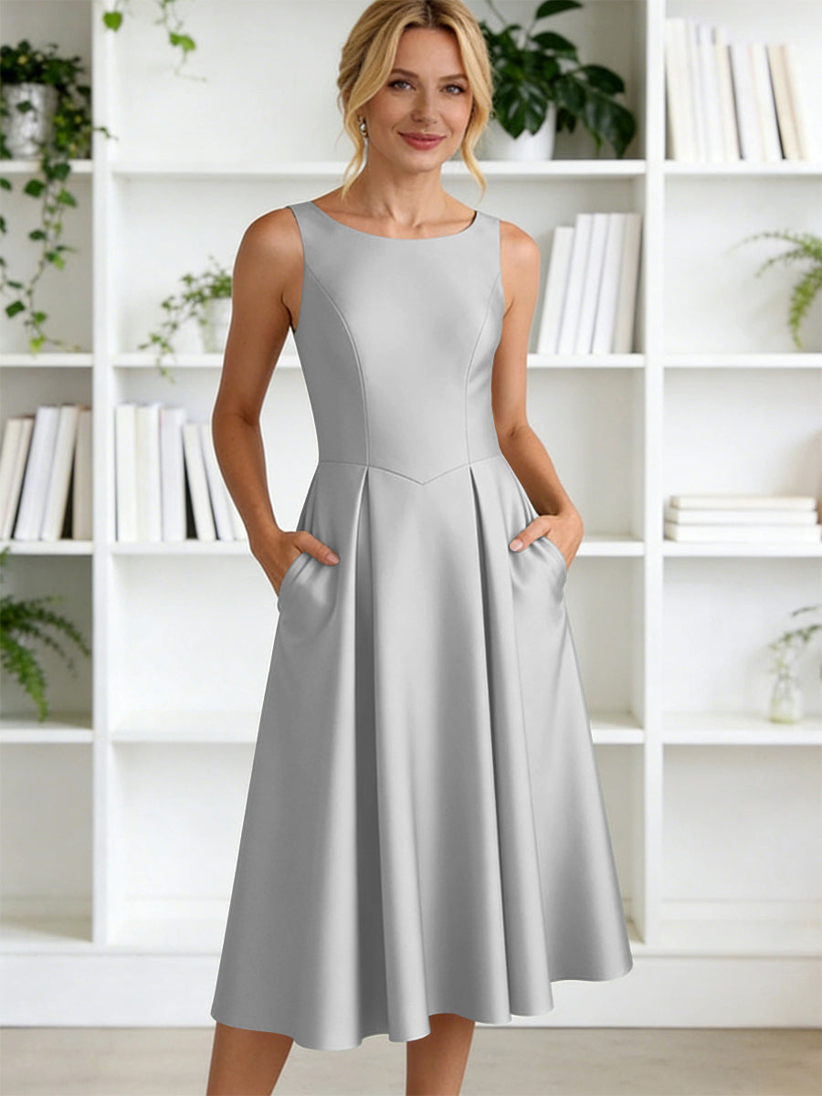 A-Line/Princess Scoop Neck Satin Tea-Length Mother of the Bride Dresses with Pockets (SHI22500122)