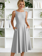 A-Line/Princess Scoop Neck Satin Tea-Length Mother of the Bride Dresses with Pockets (SHI22500122)