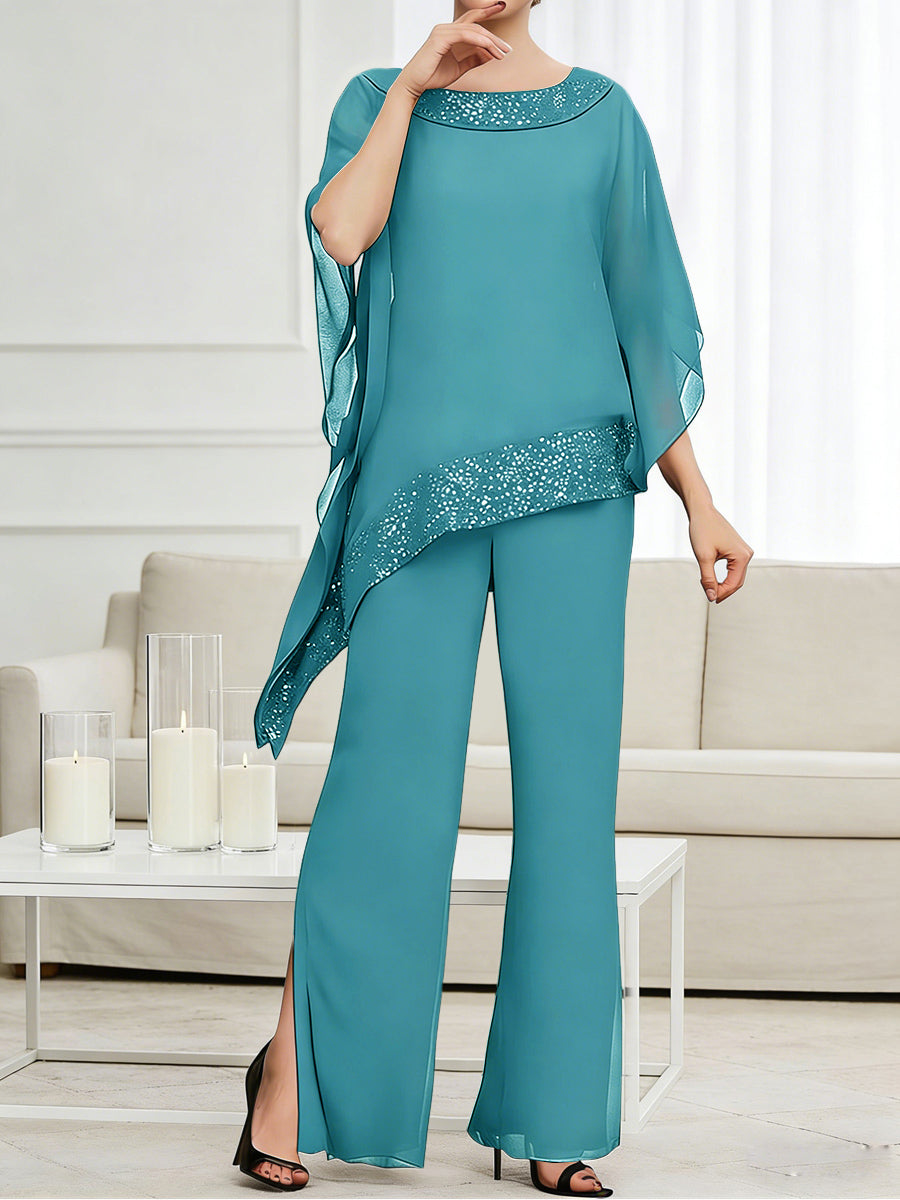 Pantsuits Separates Scoop Neck Sequins Asymmetrical Ankle-Length Mother of the Bride Dress with Slit (SHI22500132)