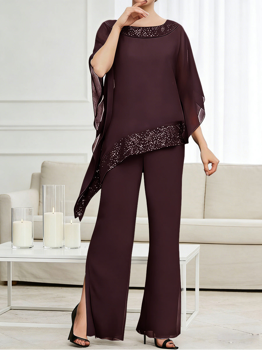 Pantsuits Separates Scoop Neck Sequins Asymmetrical Ankle-Length Mother of the Bride Dress with Slit (SHI22500132)