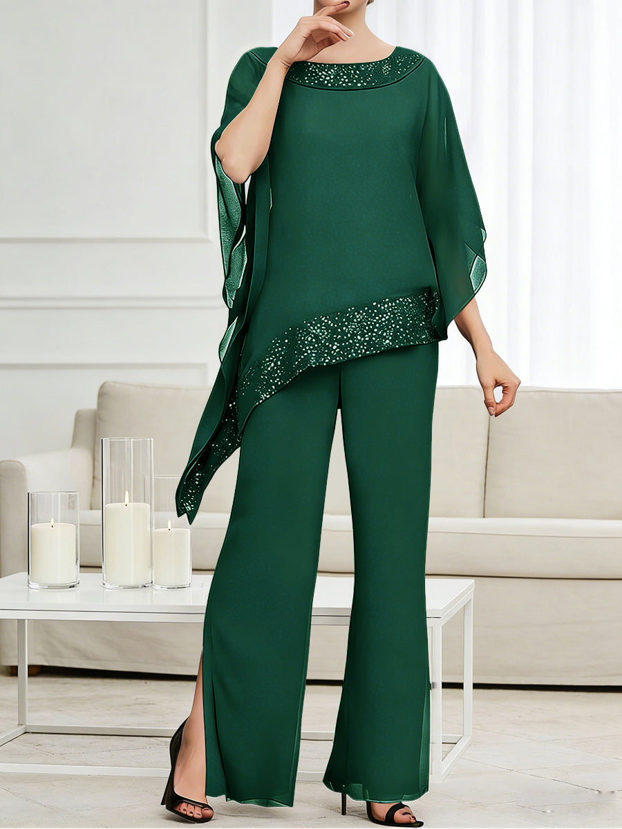 Pantsuits Separates Scoop Neck Sequins Asymmetrical Ankle-Length Mother of the Bride Dress with Slit (SHI22500132)